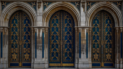 Fototapeta premium Elegant Building Entrance with Gold and Blue Accents