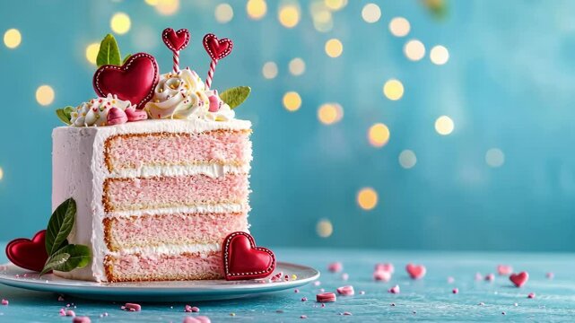Pink layer cake with heart decorations against bokeh background. The 14th of February. Happy Valentine's Day - Powered by Adobe
