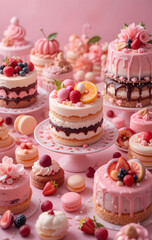 Delicious pink cakes and macarons dessert photography food styling