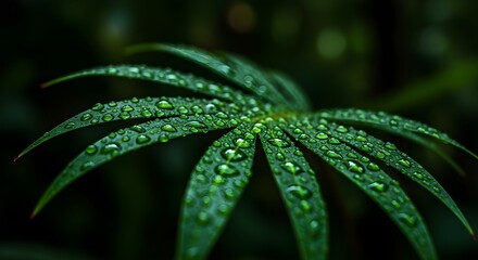 Dew-covered leaves glisten with vivid droplets against a dark backdrop, showcasing the intricate texture and natural beauty of foliage after a rain shower.