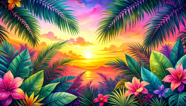 vibrant gift wrap that fuses lush tropical foliage, rendered in soft watercolor washes