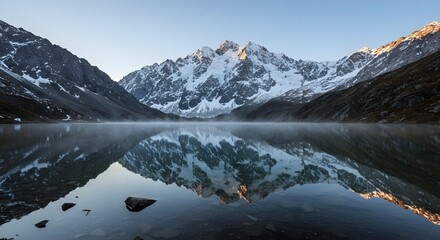 Fototapeta premium Stunning mountain landscape with towering snow-capped peaks reflected in a serene lake, surrounded by rugged terrain and fog in the early morning light.