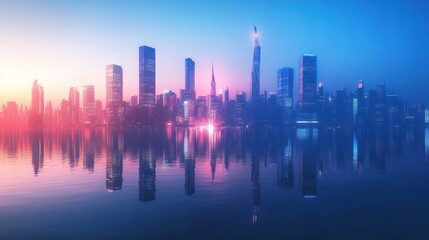Fototapeta premium Dramatic metropolis waterfront at twilight, reflecting serene skyscraper silhouettes