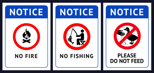 Prohibited label No fire, No fishing, Do not feed birds, forbidding sticker set