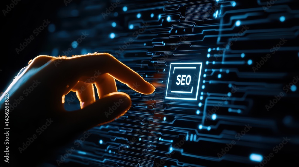 Poster hand interacting with digital seo interface and technology background
