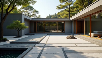Contemporary gray modern house featuring a sparkling pool surrounded by lush greenery and an inviting outdoor living space