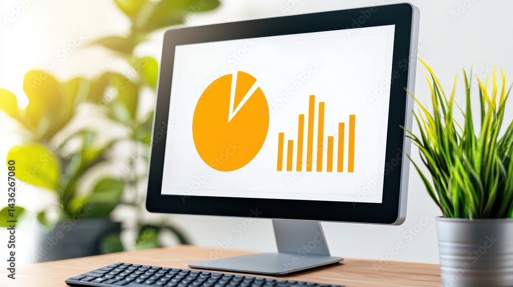 Poster computer screen displaying chart and graph in modern office setting