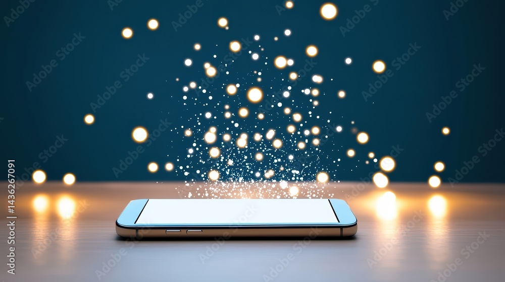 Poster sparkling digital connection with smartphone and glowing particles