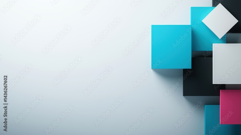 Poster modern geometric abstract background with colorful overlapping cubes in blue pink white black on lig