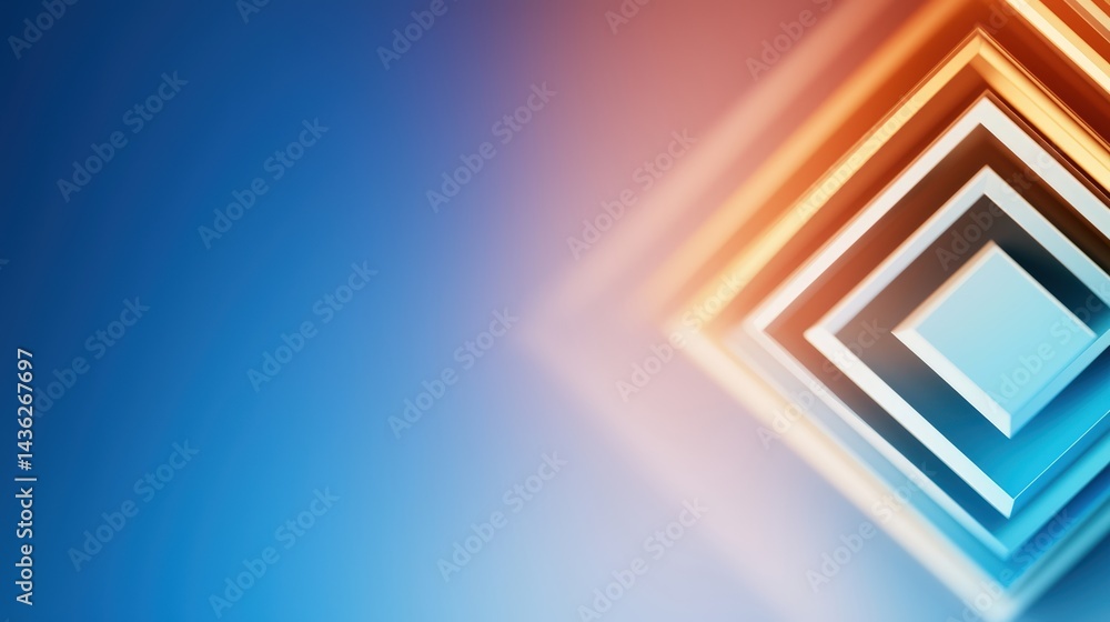 Poster abstract geometric artwork featu layered square shapes with glowing edges in shades of orange and bl