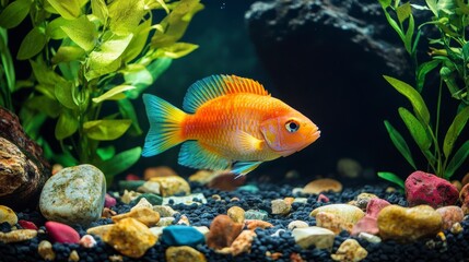 Fototapeta premium Vibrant orange fish swimming in a colorful aquarium with green plants and colorful gravel.
