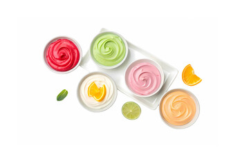 Delicious fruity yogurt parfaits in vibrant colors a refreshing summer treat perfect for a healthy snack or dessert White bowls bright citrus slices clean background