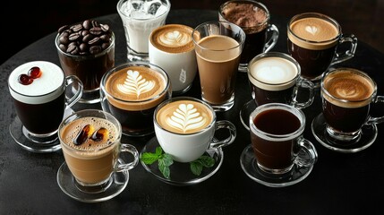 Collection of Diverse Coffee Beverages in Glass and Ceramic Cups Featuring Latte Art, Ranging from Espresso to Light Lattes on a Dark Textured Surface with Soft Diffused Lighting,