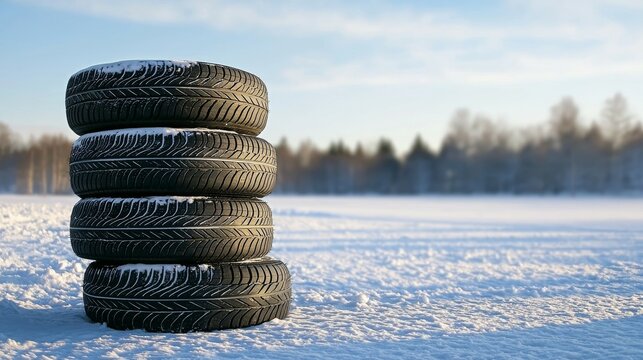 Stack of four black rubber tires with deep treads and snow on top, positioned vertically on the left side in a winter landscape with snow-covered ground, distant trees and a pale blue