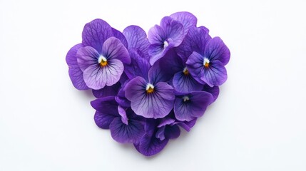 Purple pansies arranged in a heart shape on a white background.