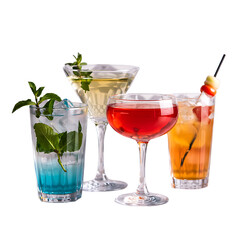 Four colorful cocktails in different glasses.