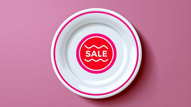 White plate with pink 'SALE' circular design on pink background