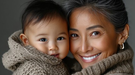 Obraz premium Happy Asian mother enjoys precious moment with her joyful baby at home during a cozy family time in the winter season
