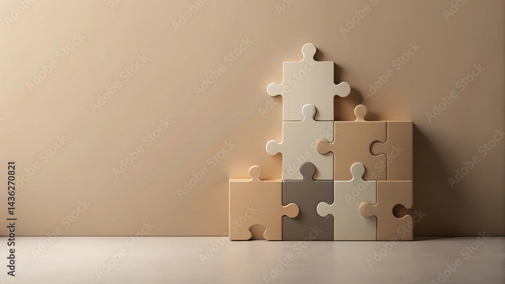 Poster Abstract Puzzle Piece Composition Against Neutral Background  A Study in Interlocking Shapes and Complementary Hues