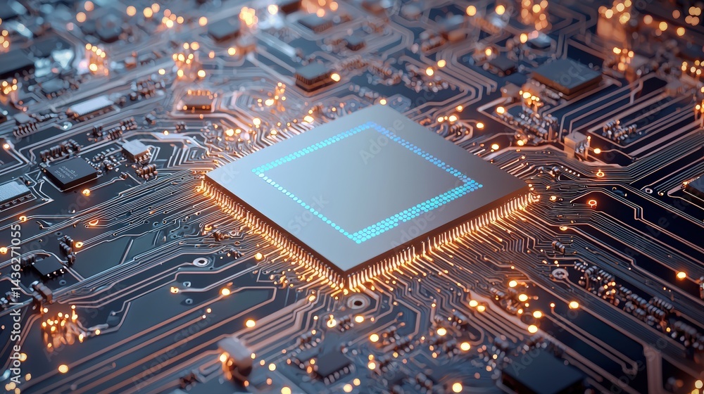 Aufkleber highly detailed close-up of a futuristic microprocessor chip on a circuit board with glowing electro