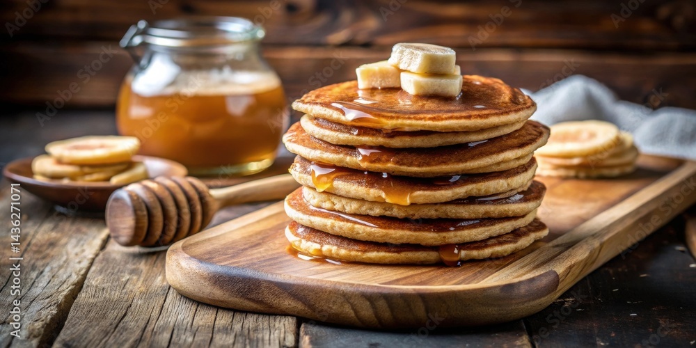 Poster a delectable stack of golden pancakes drizzled with sweet honey, topped with butter slices, presente