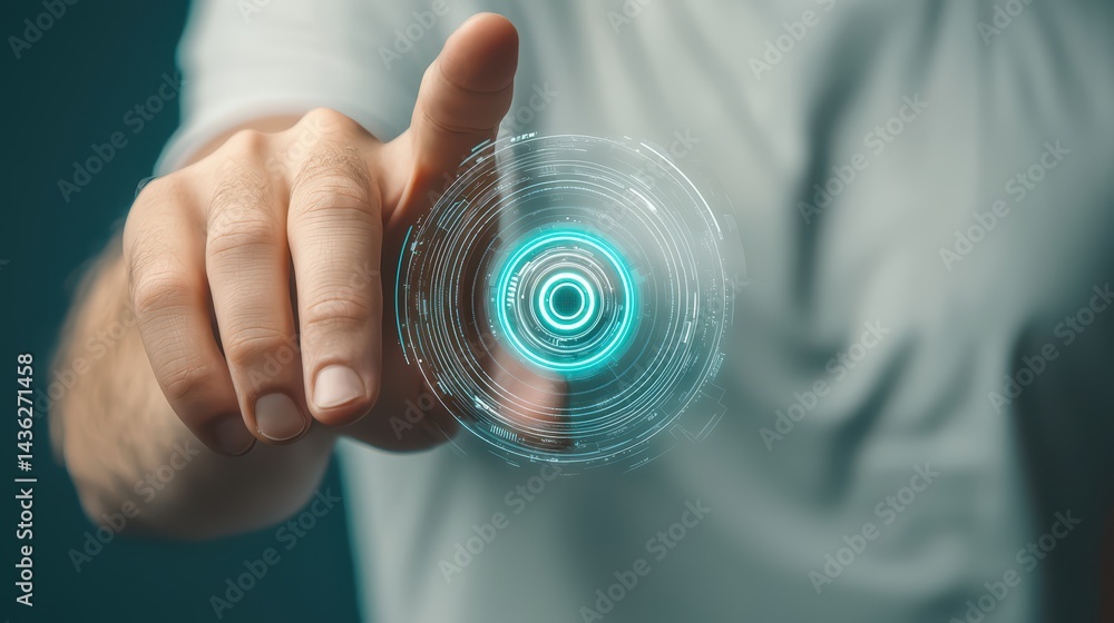 Poster man interacting with digital touchscreen interface with blue glow effect