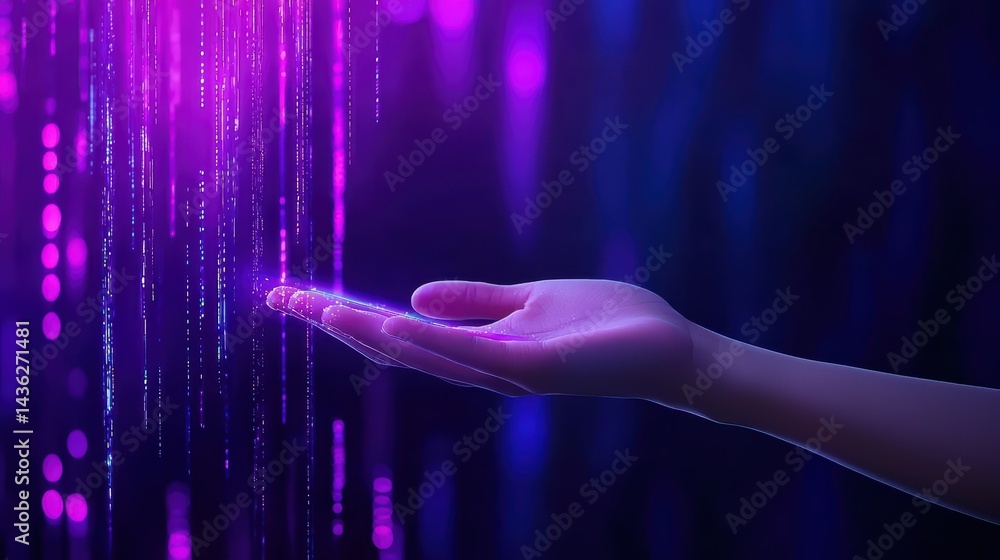 Poster hand reaching for colorful digital data streams in vibrant background