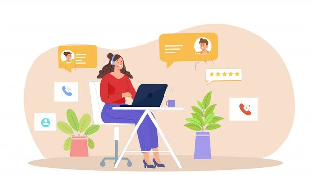 Call Center Service Girl Telecaller Flat Character Animation Scene
