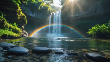 Waterfall with Rainbow Over River