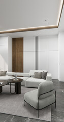 Living room with sofa and table on carpet minimalist design modern wooden style.3D rendering