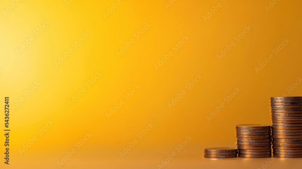 Poster close-up of neatly stacked coins arranged in ascending order against a vibrant yellow background sym