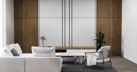 Living room with sofa and table on carpet minimalist design modern wooden style.3D rendering