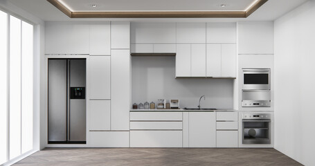 white modern loft style on kitchen counter scene mockup and set shaped kitchen design. 3d rendering