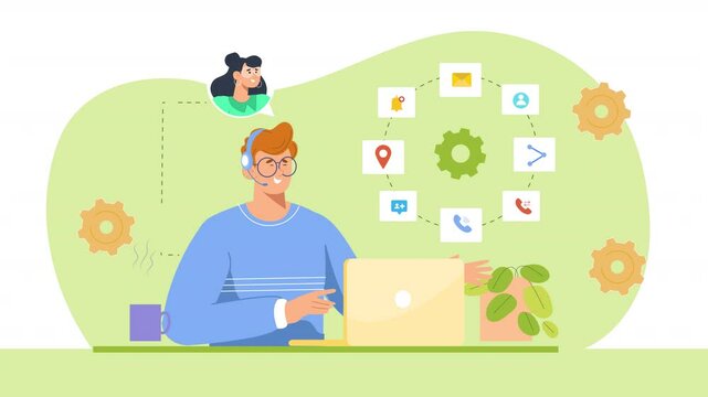 Call Center Service Man Telecaller Flat Character Animation Scene