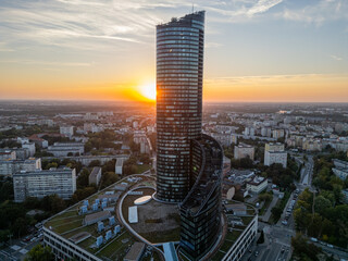 drone photo of a Sky Tower a skyscraper in Wrocław Poland during golden hour sunset © maminemessaoudi