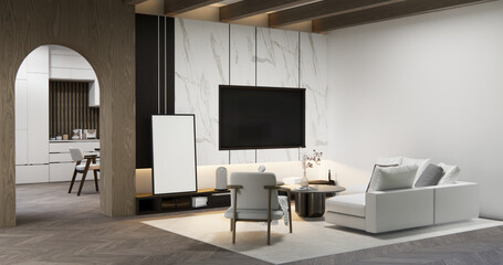 Living room with sofa and table on carpet minimalist design modern wooden style.3D rendering