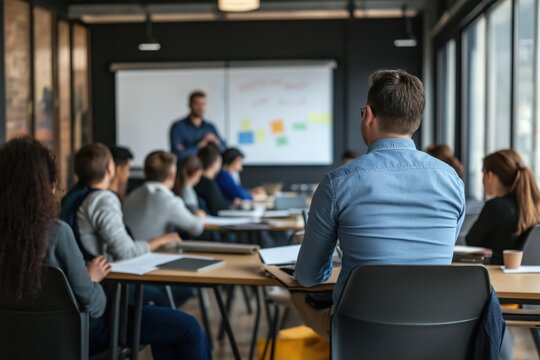 Confident presenter leads engaging workshop in modern corporate setting with attentive audience members taking notes