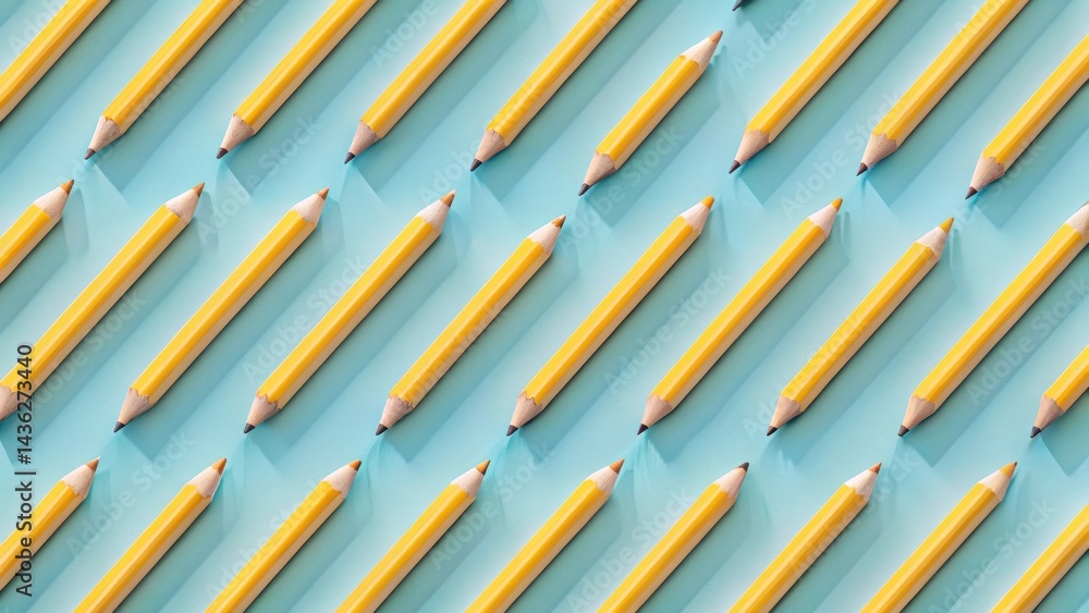 Poster a vibrant pattern of yellow pencils arranged diagonally on a light blue background, showcasing a rep