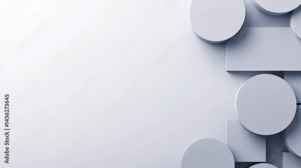 Poster minimalist abstract composition with various circular and square shapes in shades of white and gray 