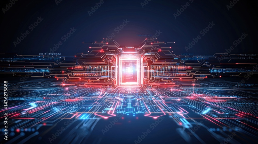 Poster Futuristic digital circuit board with glowing central processor and interconnected lines on a dark background representing advanced technology and electronic systems