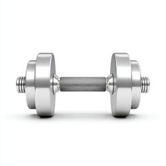 A single shiny metallic dumbbell resting isolated on a white background