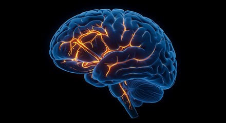 Neurological illustration showcases brain anatomy, neural connections, health