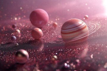 fantasy pink solar system with planets orbiting through sparkling cosmic galaxy dreamy universe background
