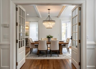 Fototapeta premium A Moment of Stillness: A Peaceful Dining Space of wooden Furniture and Light in a Cozy Home