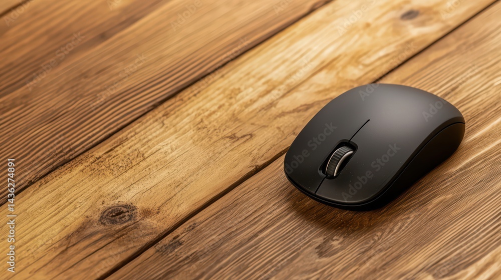 Aufkleber black computer mouse on rustic wooden surface for office use