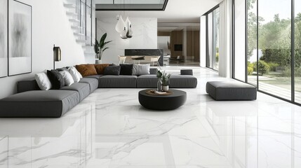 Modern Luxury Living Room with Gray Sofa and White Marble Floor