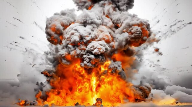 Massive Explosion VFX: Fiery Blast & Smoke Cloud on White BG. 4K Animation Footage for Cinematic Action, Impact Simulation, or Pyrotechnic Effects.