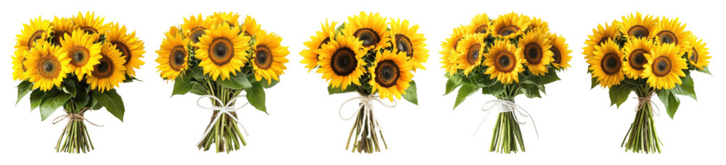Obraz premium PNG Vibrant sunflower bouquets with ribbons, element set on transparent background