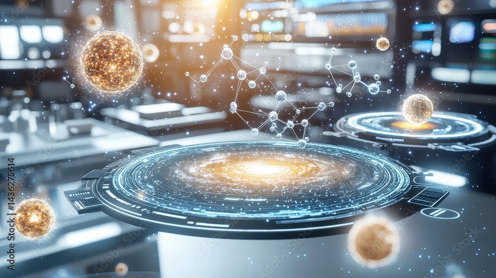 Poster futuristic digital technology interface with glowing planetary elements and interconnected holograph