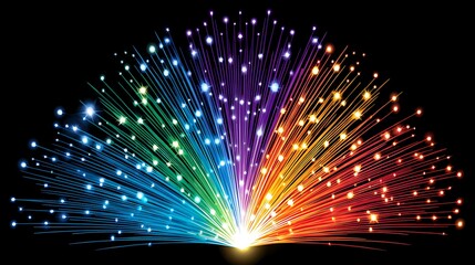 A vibrant, radiating rainbow of light bursts forth from a central point